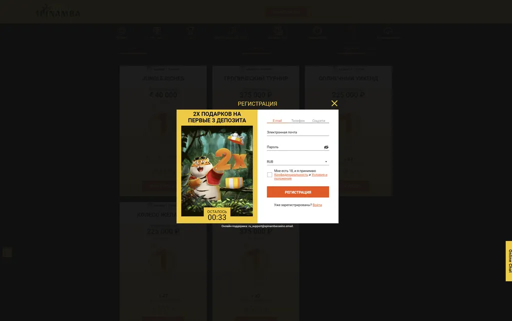 Лёгкая регистрация с необходимыми полями на сайте казино Spinamba.